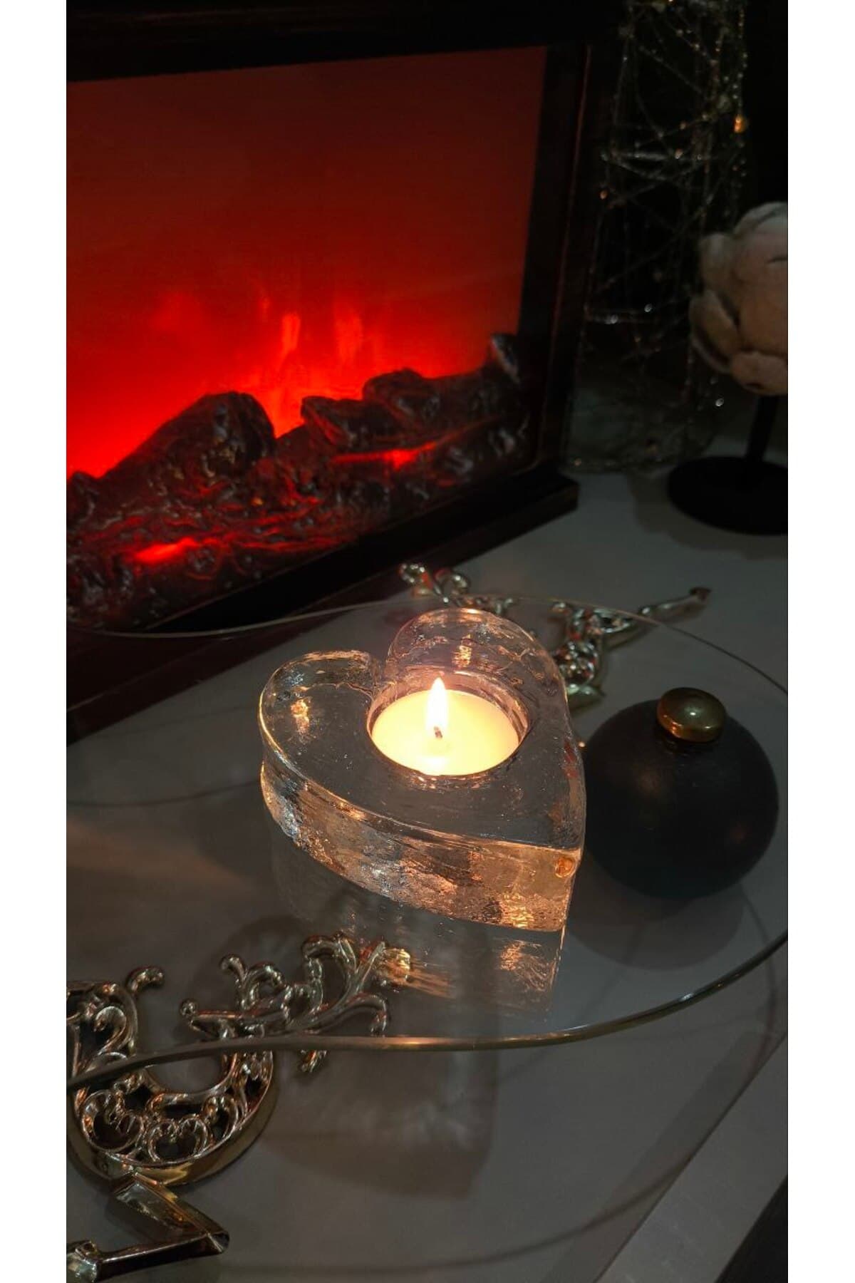 Kalp Cam Mumluk - El işi cam özel dokulu yüzey tealight mumluk