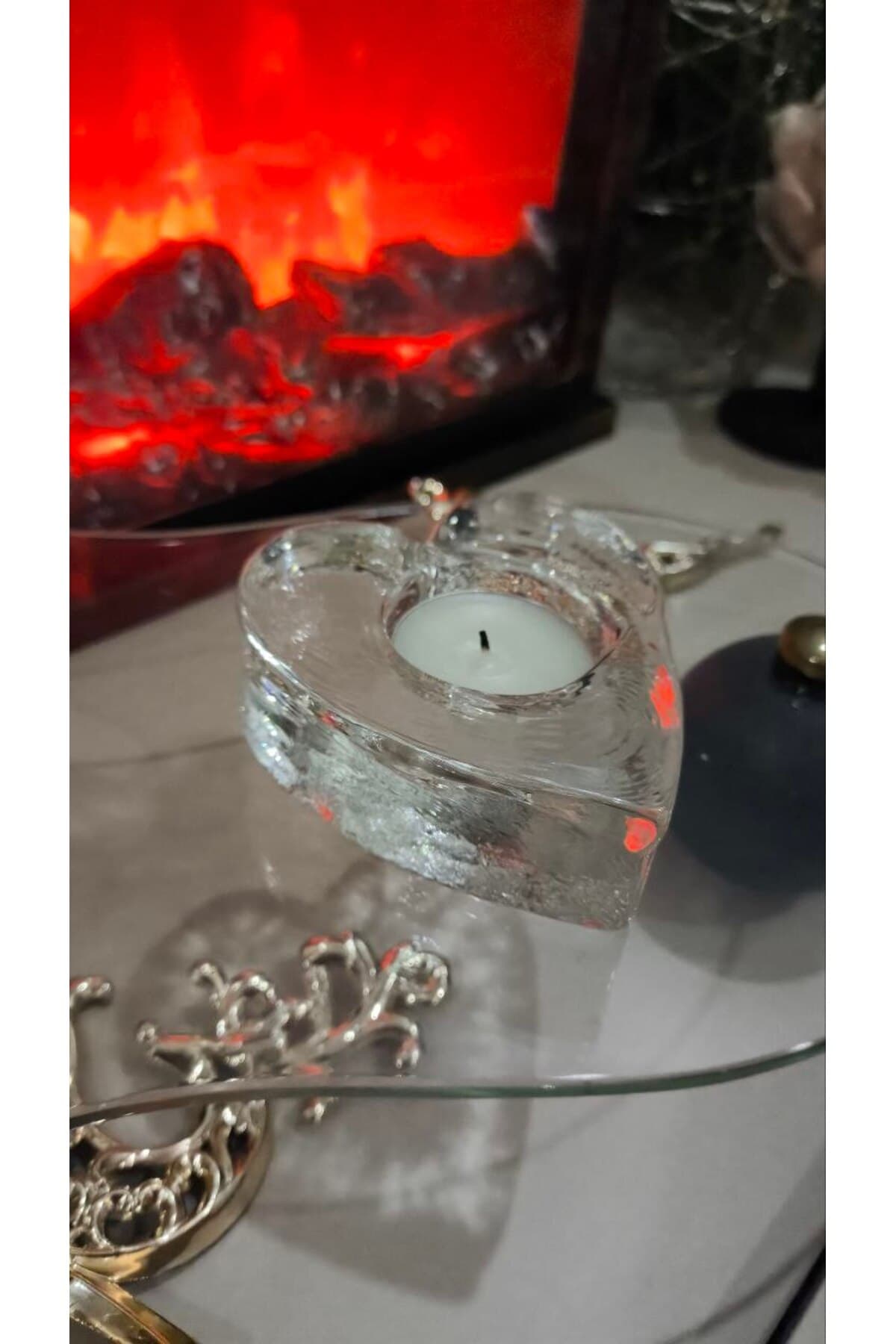 Kalp Cam Mumluk - El işi cam özel dokulu yüzey tealight mumluk 2