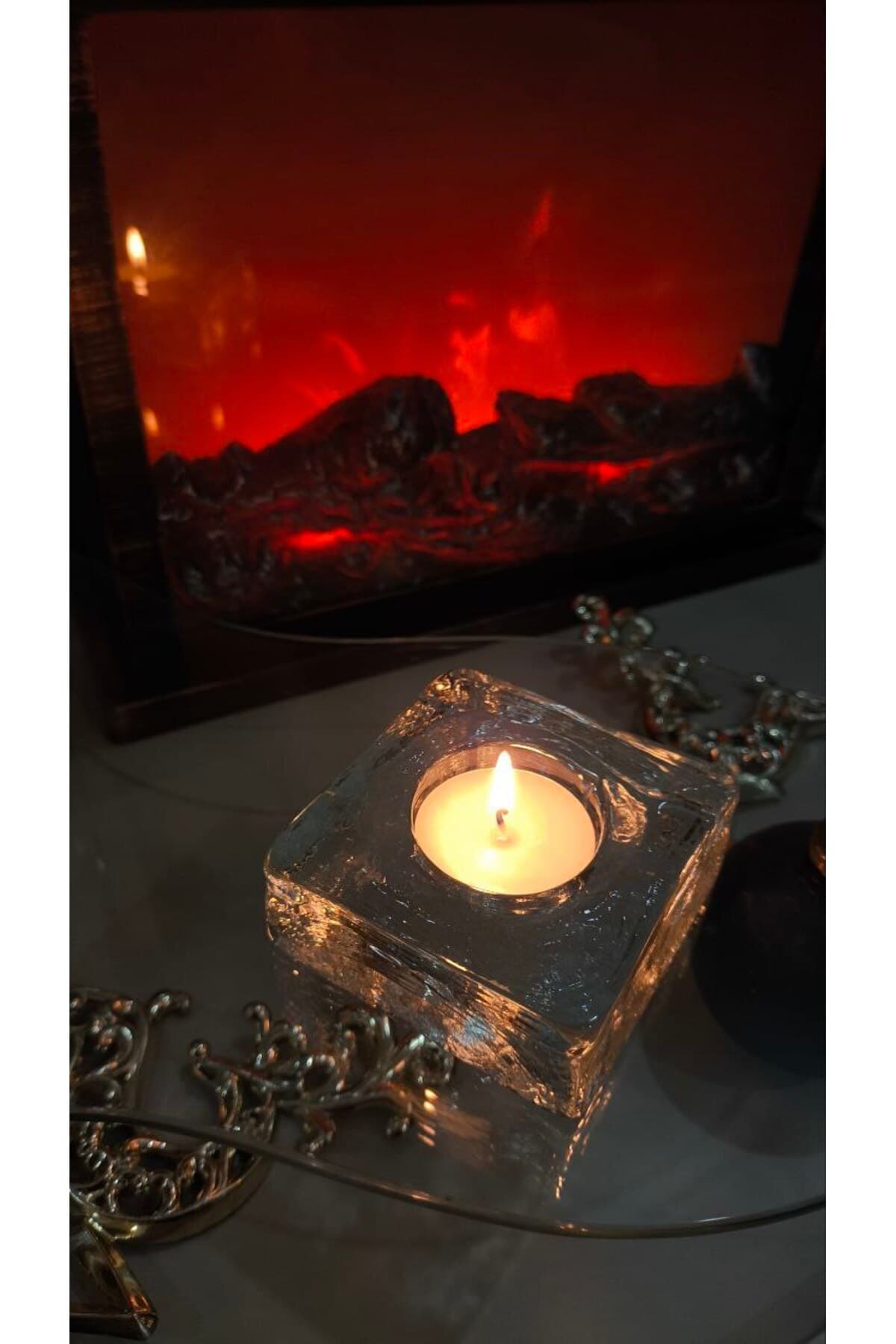 3 lü Set , Kare Cam Mumluk - El işi cam özel dokulu yüzey tealight mumluk 1