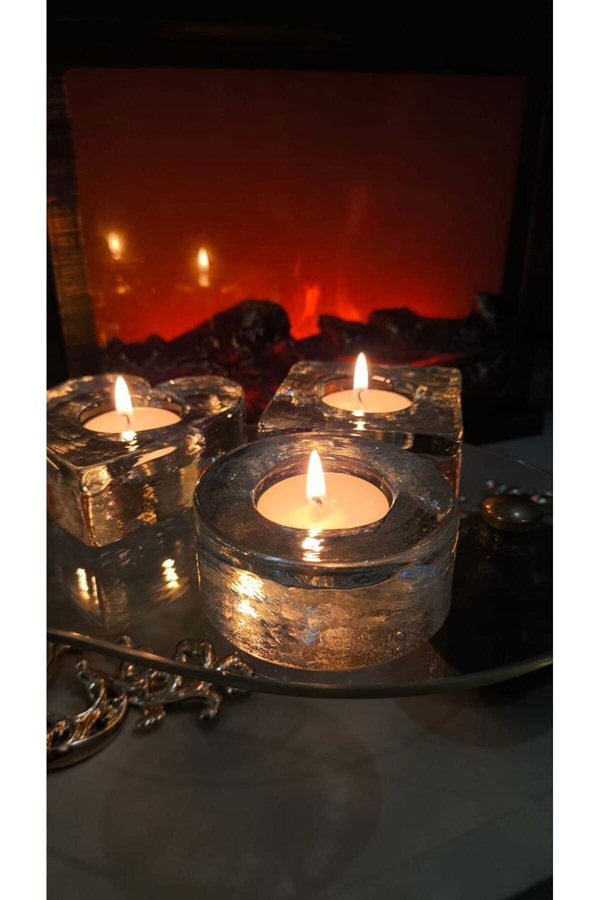 Kare , Kalp ve Yuvarlak şekil 3 lü set Cam Mumluk - El işi cam özel dokulu yüzey tealight mumluk 1