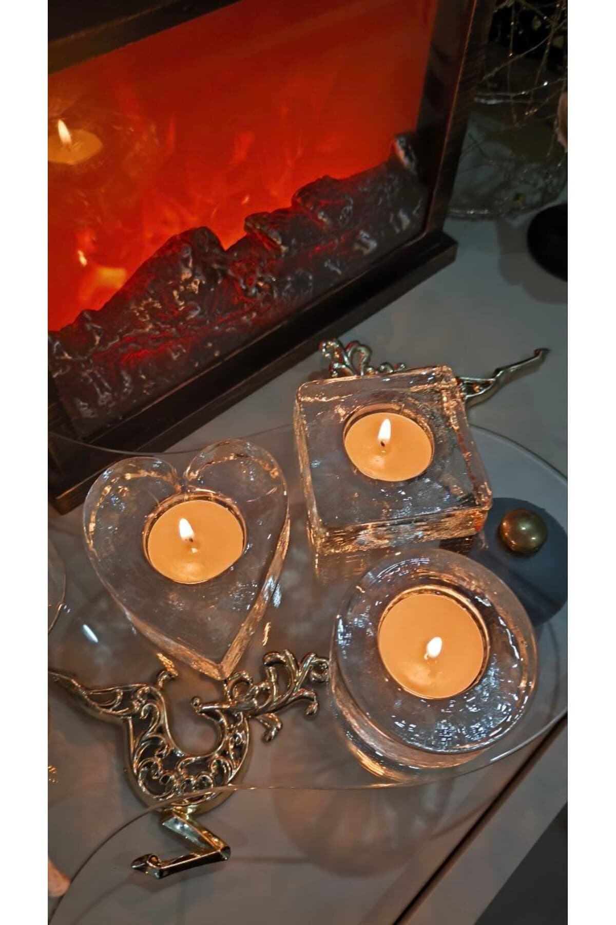 Kare , Kalp ve Yuvarlak şekil 3 lü set Cam Mumluk - El işi cam özel dokulu yüzey tealight mumluk 2