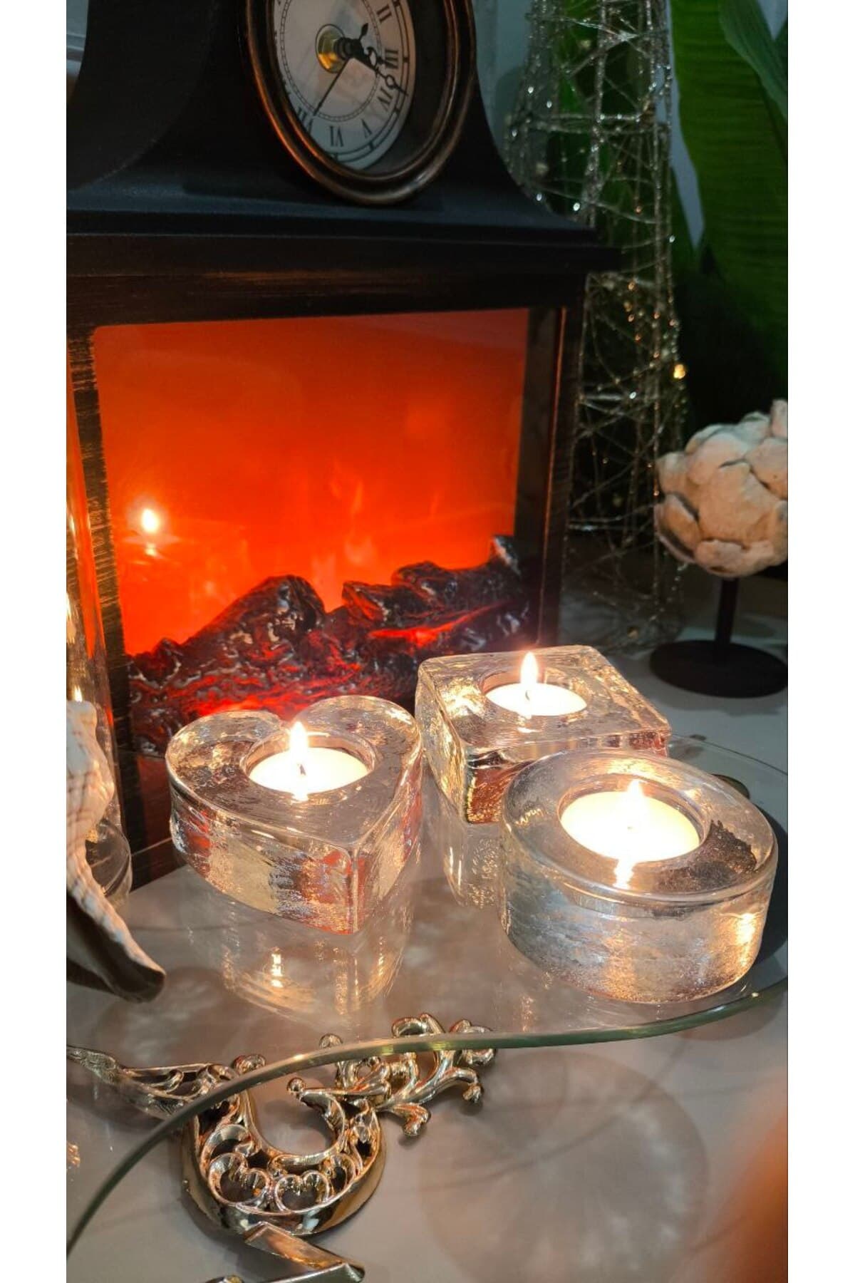 Kare , Kalp ve Yuvarlak şekil 3 lü set Cam Mumluk - El işi cam özel dokulu yüzey tealight mumluk 3