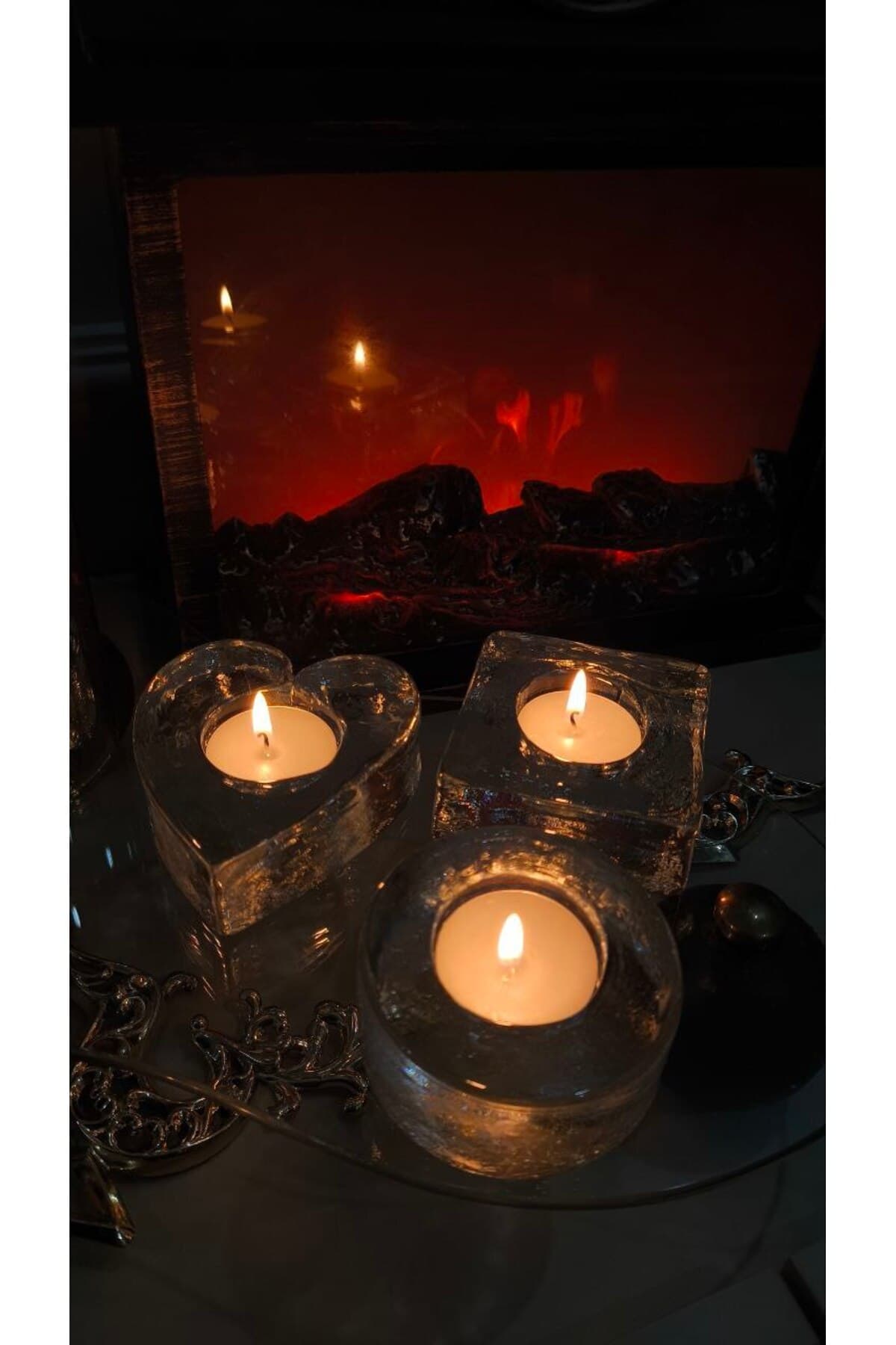 Kare , Kalp ve Yuvarlak şekil 3 lü set Cam Mumluk - El işi cam özel dokulu yüzey tealight mumluk 4